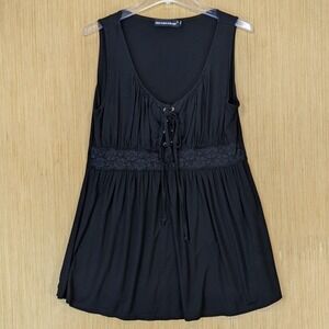 Womens Whimsygoth Renaissance Black Empire Waist Babydoll Tank Top XL Lace Up